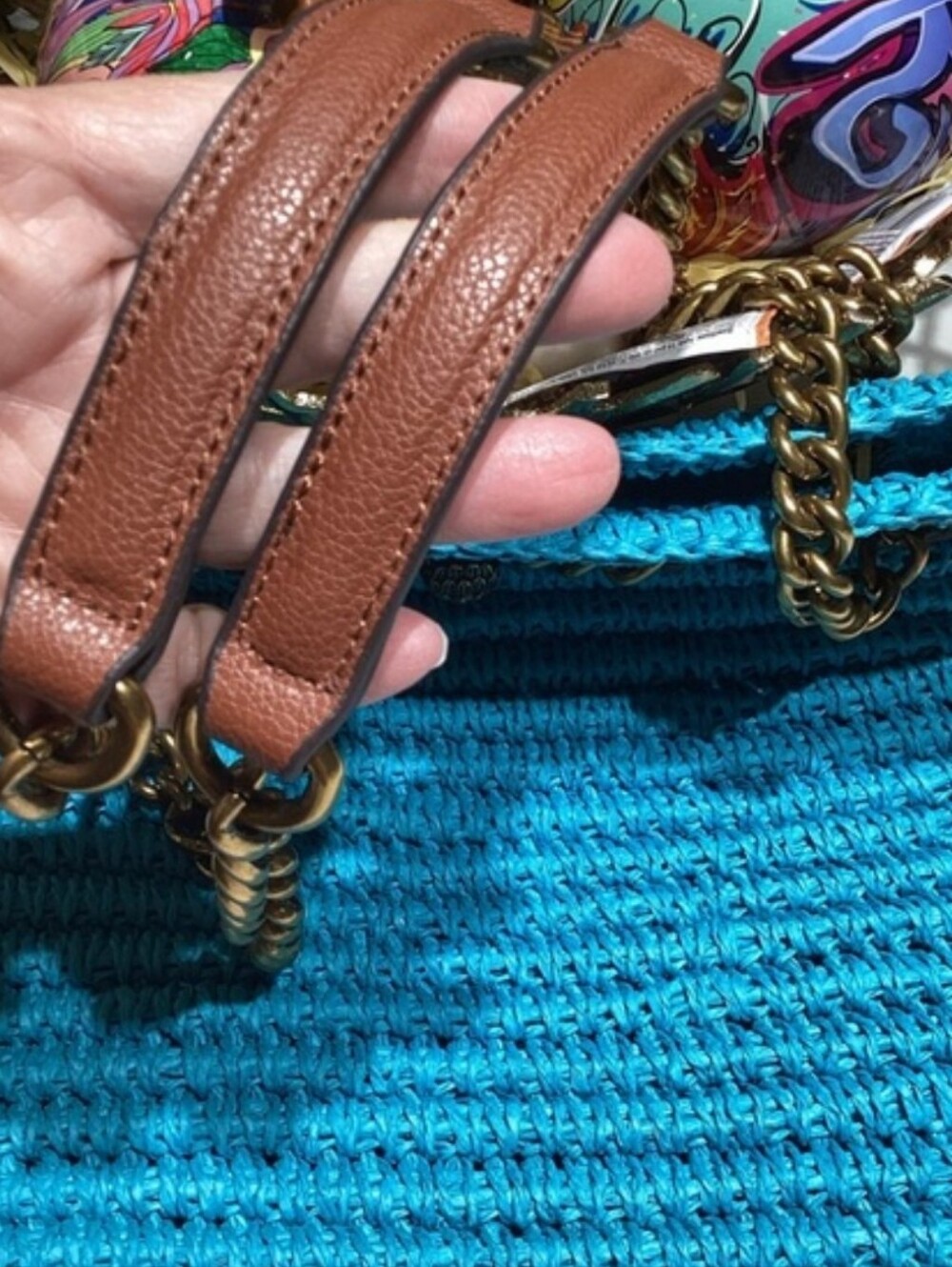 Kurt Geiger Woven Straw Tote Bag in Bright Turquoise with Chain Handle - Picture 4 of 5